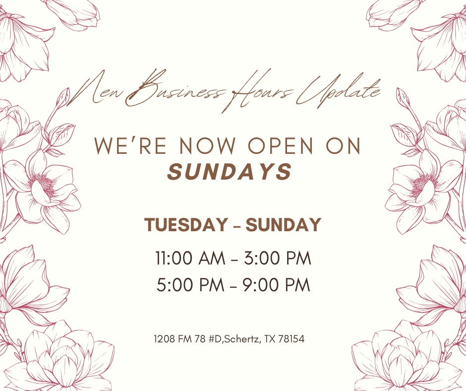 Business hours update for Zen Japanese Cuisine, announcing they are now open on Sundays. The hours for Tuesday through Sunday are 11:00 AM – 3:00 PM and 5:00 PM – 9:00 PM. Address: 1208 FM 78 #D, Schertz, TX 78154.